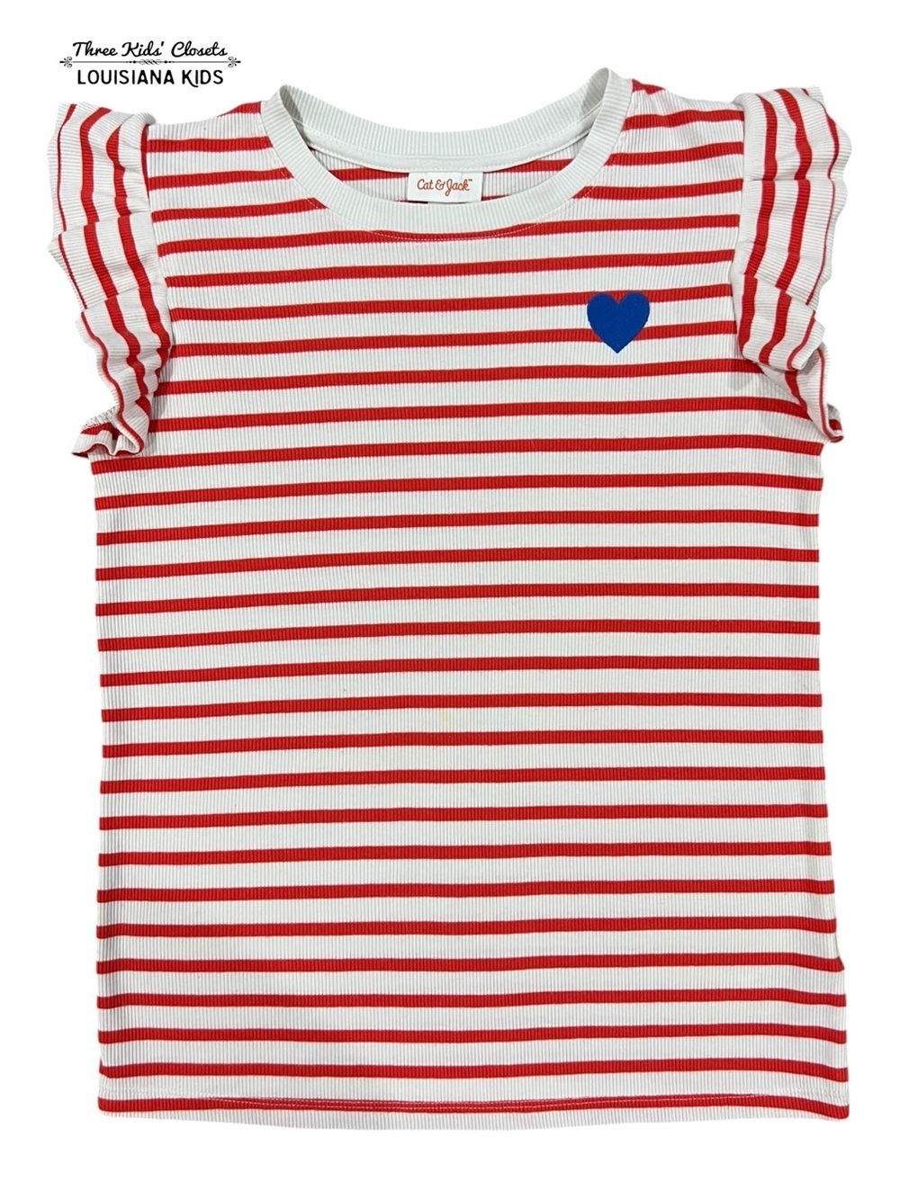 Cat & Jack XL (14) Ribbed Red Striped Ruffle Sleeve Top With Embroidered Heart